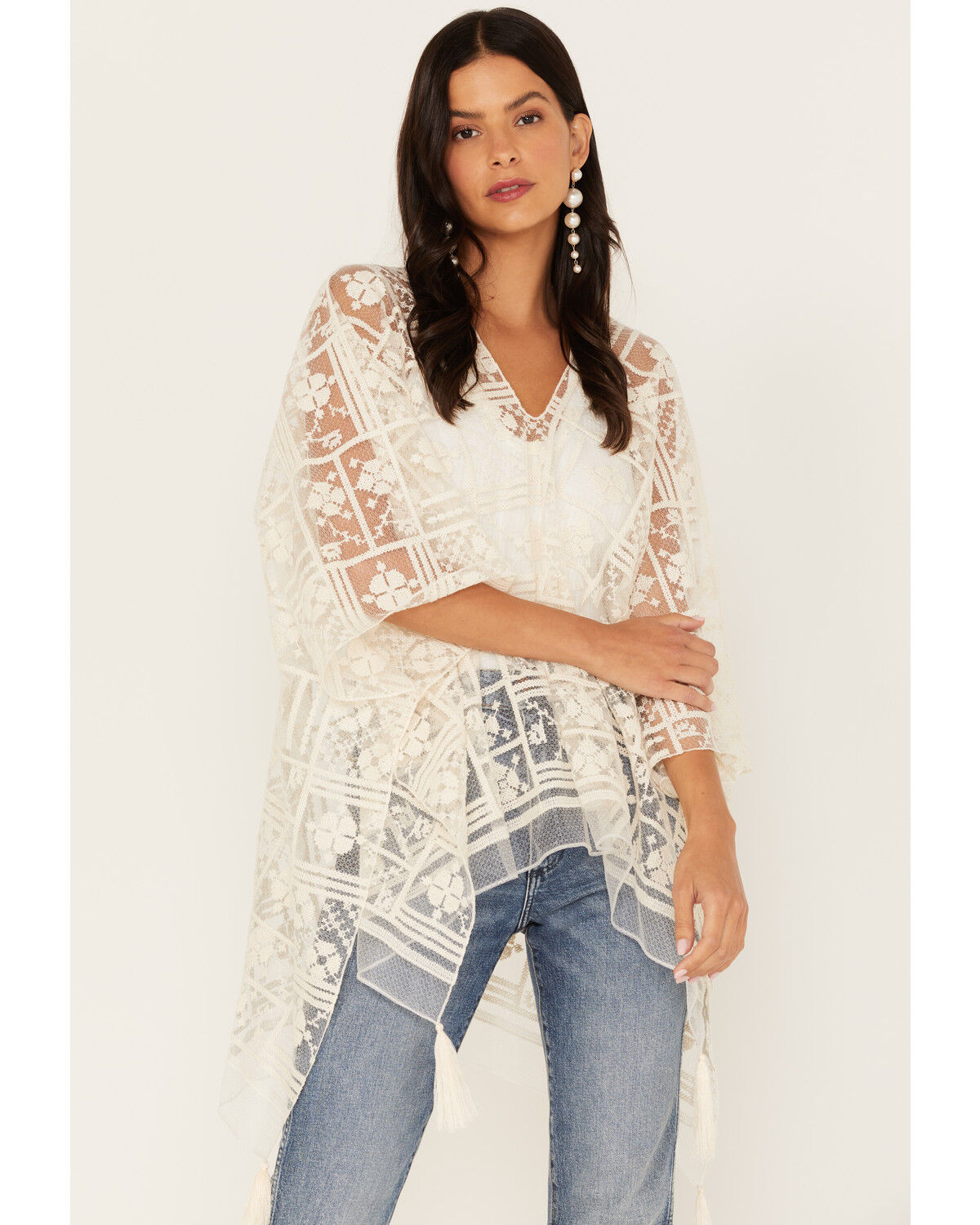 Image #1 - Shyanne Women's Lace Tassel Poncho, Ivory, hi-res