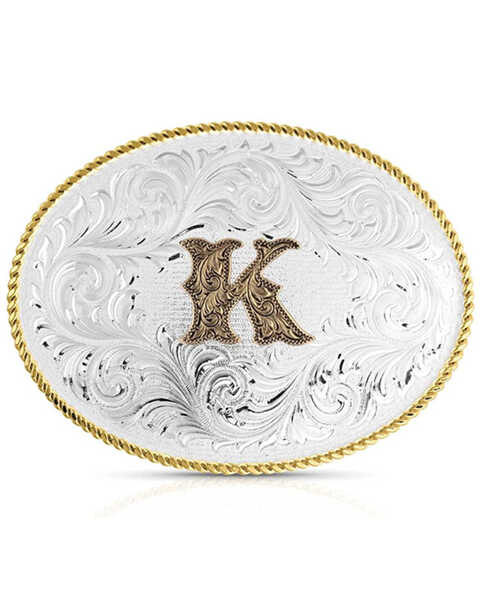 Image #1 - Montana Silversmiths Classic Western Oval Two-Tone Initial Belt Buckle - K, Silver, hi-res