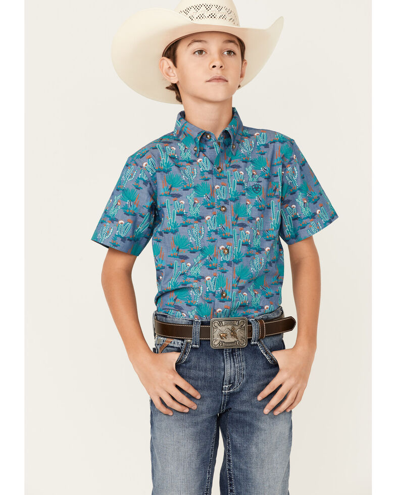 Ariat Boys' Daxton Cactus Print Short Sleeve Button-Down Western Shirt , Grey, hi-res