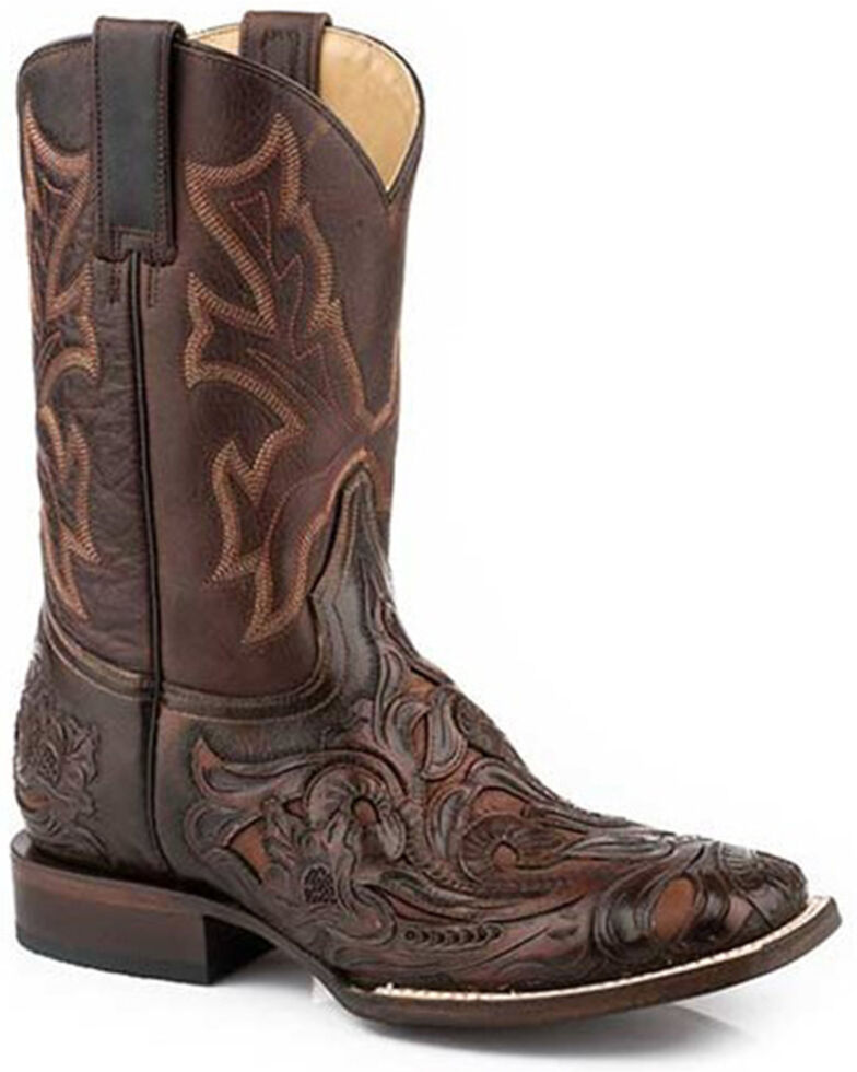 Stetson Men's Handtooled Wicks Inlay Western Boots - Wide Square Toe , Brown, hi-res