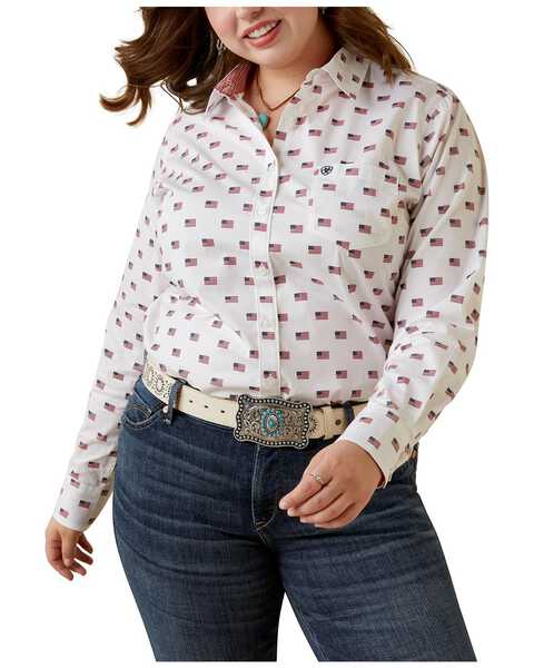 Image #1 - Ariat Women's Kirby USA Print Button-Down Long Sleeve Stretch Western Shirt - Plus , White, hi-res