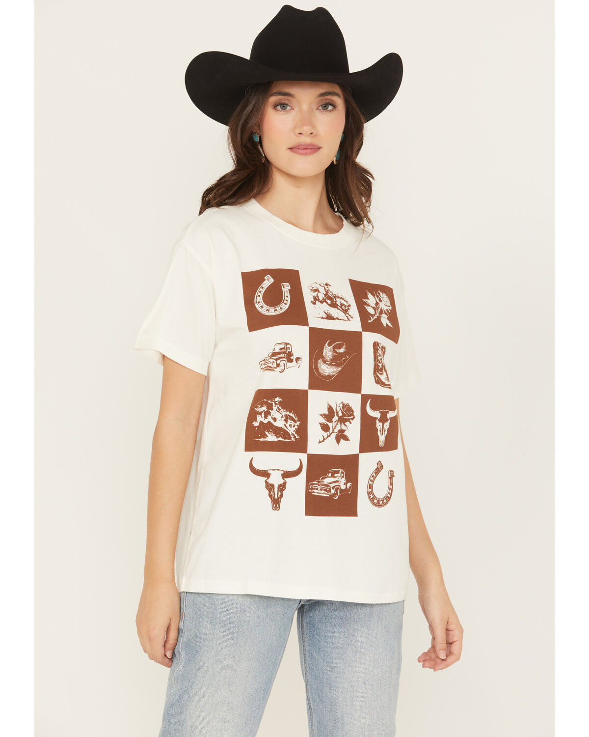 Image #1 - Shyanne Women's Western Checkerboard Short Sleeve Graphic Tee, Ivory, hi-res