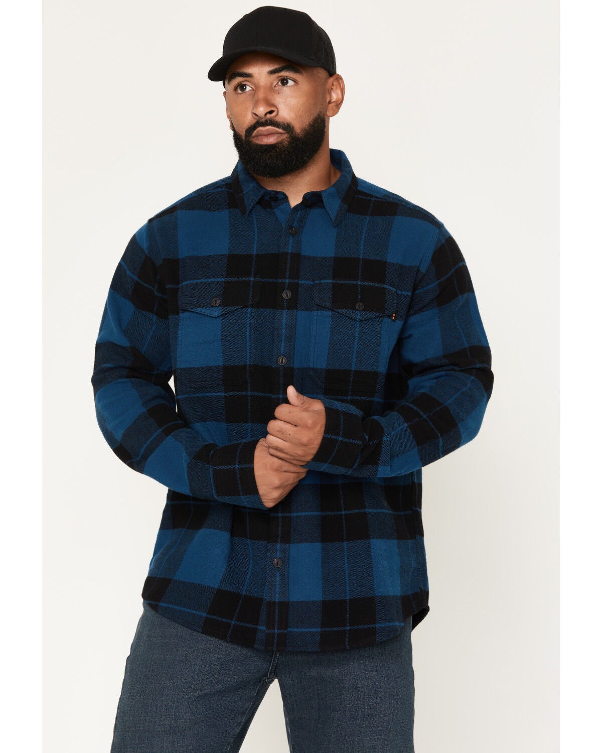 Hawx Men's Bull Plaid Print Long Sleeve Button-Down Flannel Shirt, Navy, hi-res