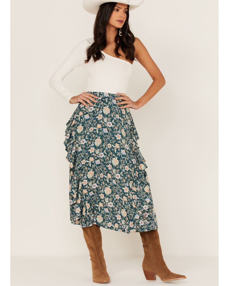 Shyanne Women's Floral Print Midi Skirt, Deep Teal, hi-res