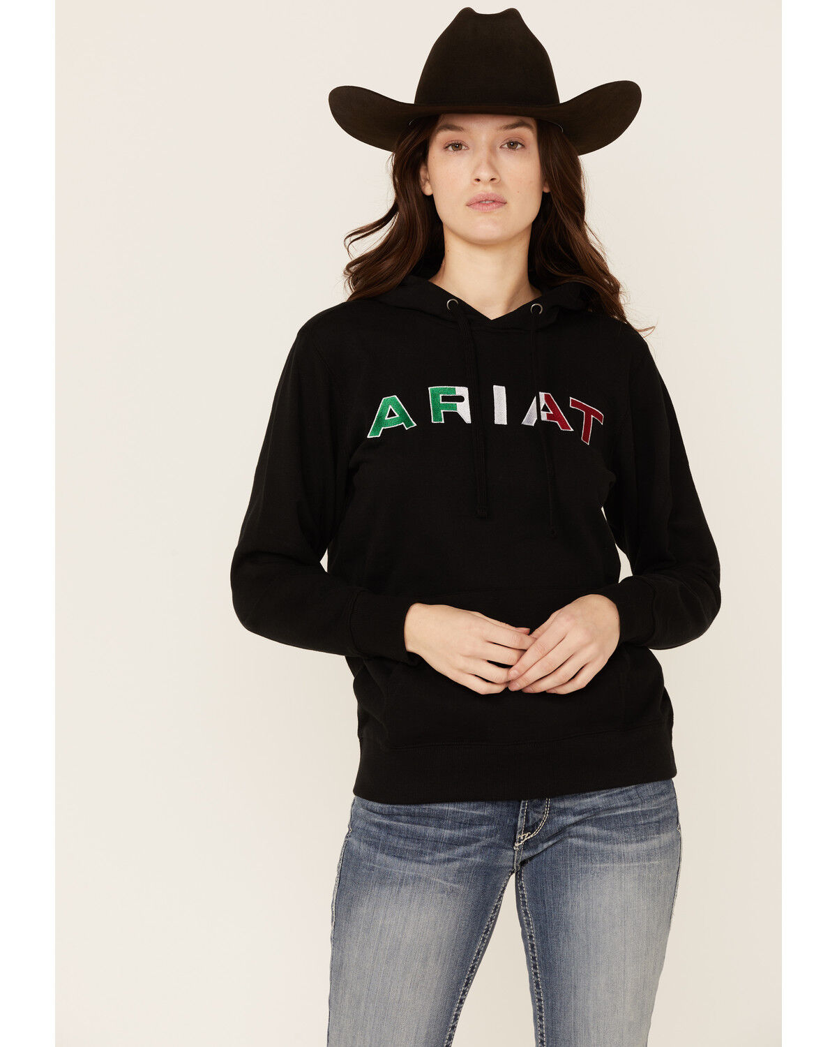 Image #1 - Ariat Women's Mexico Embroidered Logo Pullover Hoodie, Black, hi-res