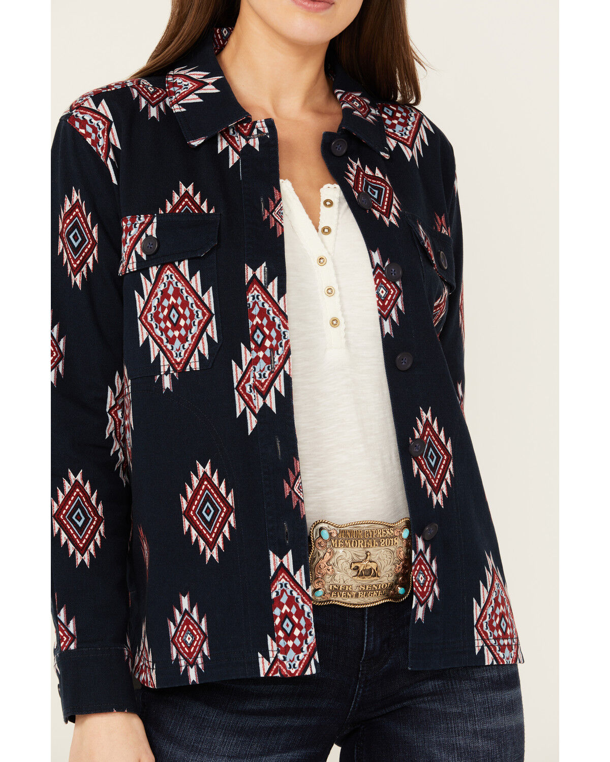Image #3 - Shyanne Women's Buffalo Southwestern Print Shacket, Indigo, hi-res