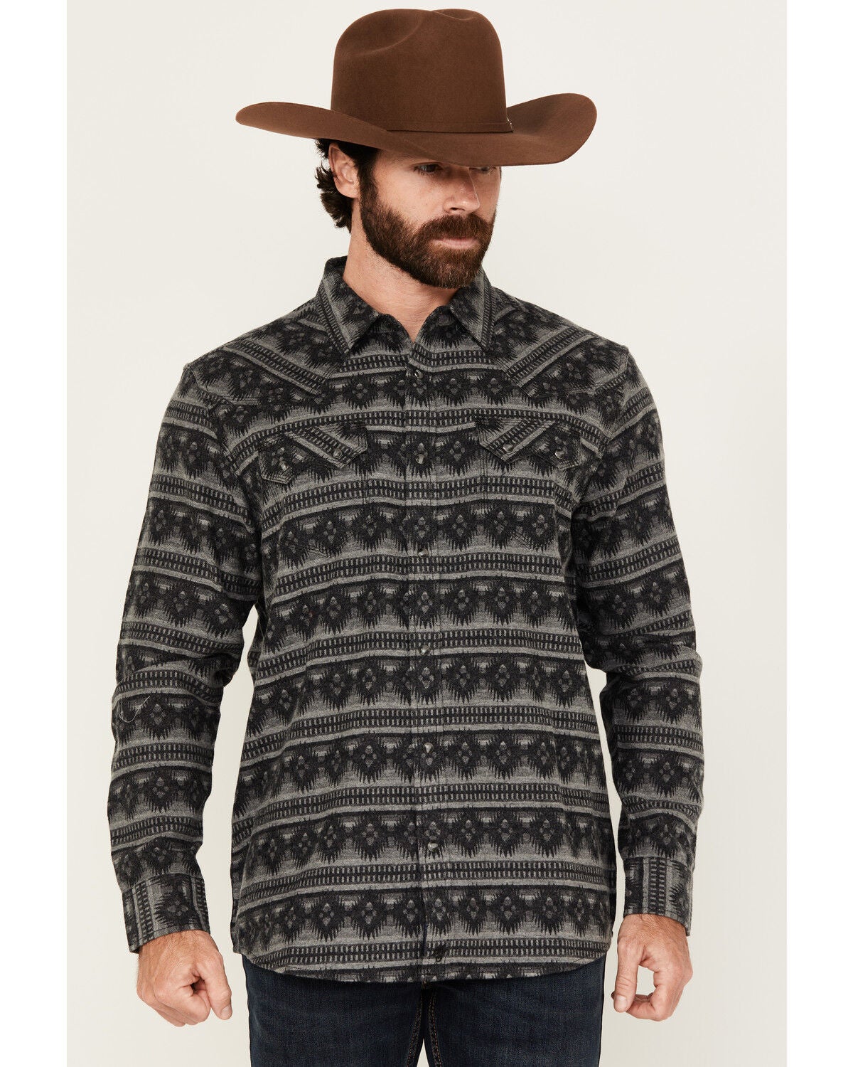 Moonshine Spirit&reg; Men's Smoke Signal Southwestern Striped Long Sleeve Snap Western Shirt, Grey, hi-res