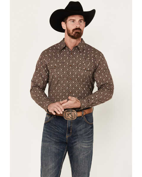 Image #1 - Gibson Trading Co. Men's Barbed Wire Floral Print Long Sleeve Snap Western Shirt, Coffee, hi-res