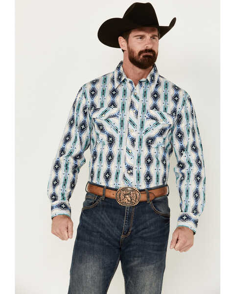 Panhandle Select Men's Southwestern Print Long Sleeve Snap Western Shirt - Tall , Cream, hi-res