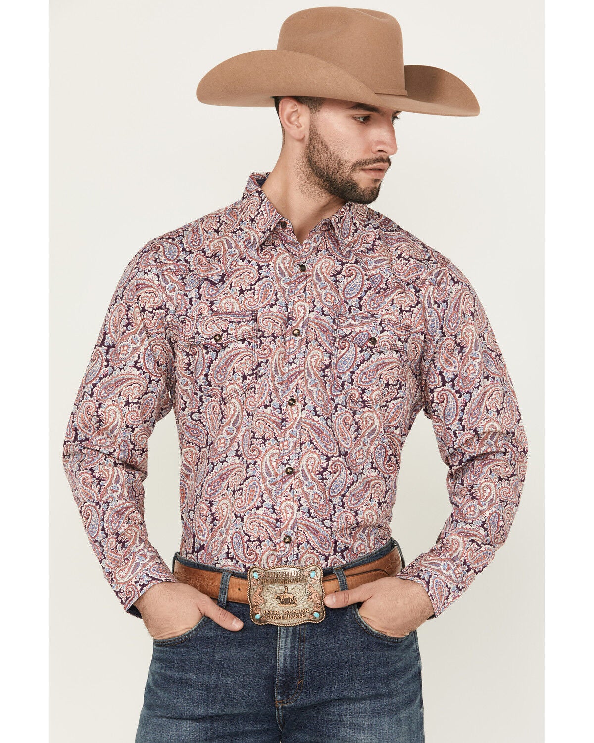 Moonshine Spirit&reg; Men's Opre Paisley Print Long Sleeve Snap Western Shirt, Purple, hi-res