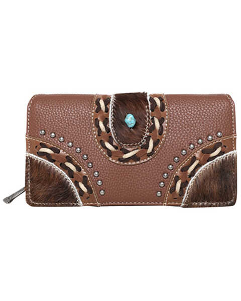Montana West Women's Studded Hair-On Leather Wallet, Brown, hi-res