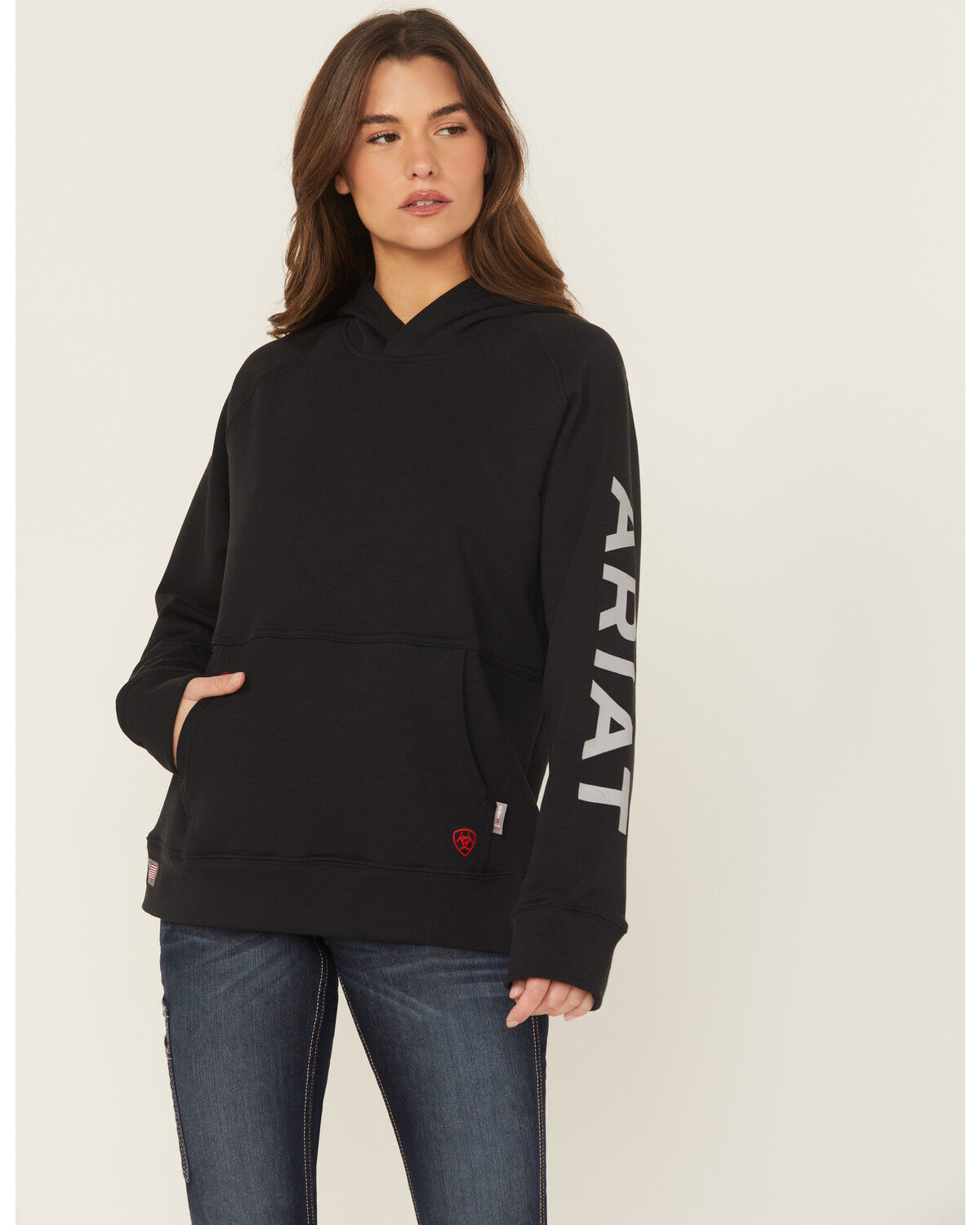 Image #1 - Ariat Women's FR Primo Fleece Logo Hooded Sweatshirt, Black, hi-res