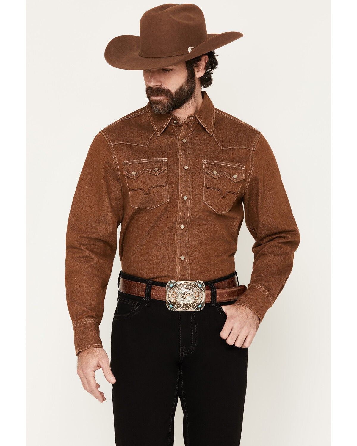 Kimes Ranch Men's Roscoe Denim Long Sleeve Snap Western Shirt, Brown, hi-res
