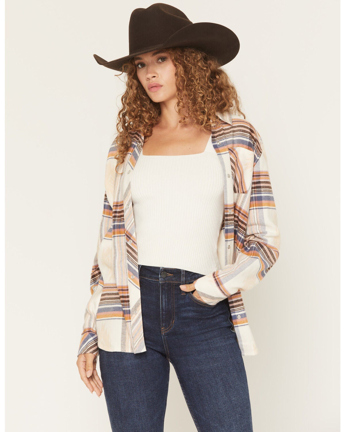 Image #1 - Idyllwind Women's Woodside Southwestern and Plaid Print Long Sleeve Snap Flannel Shirt, Cream, hi-res