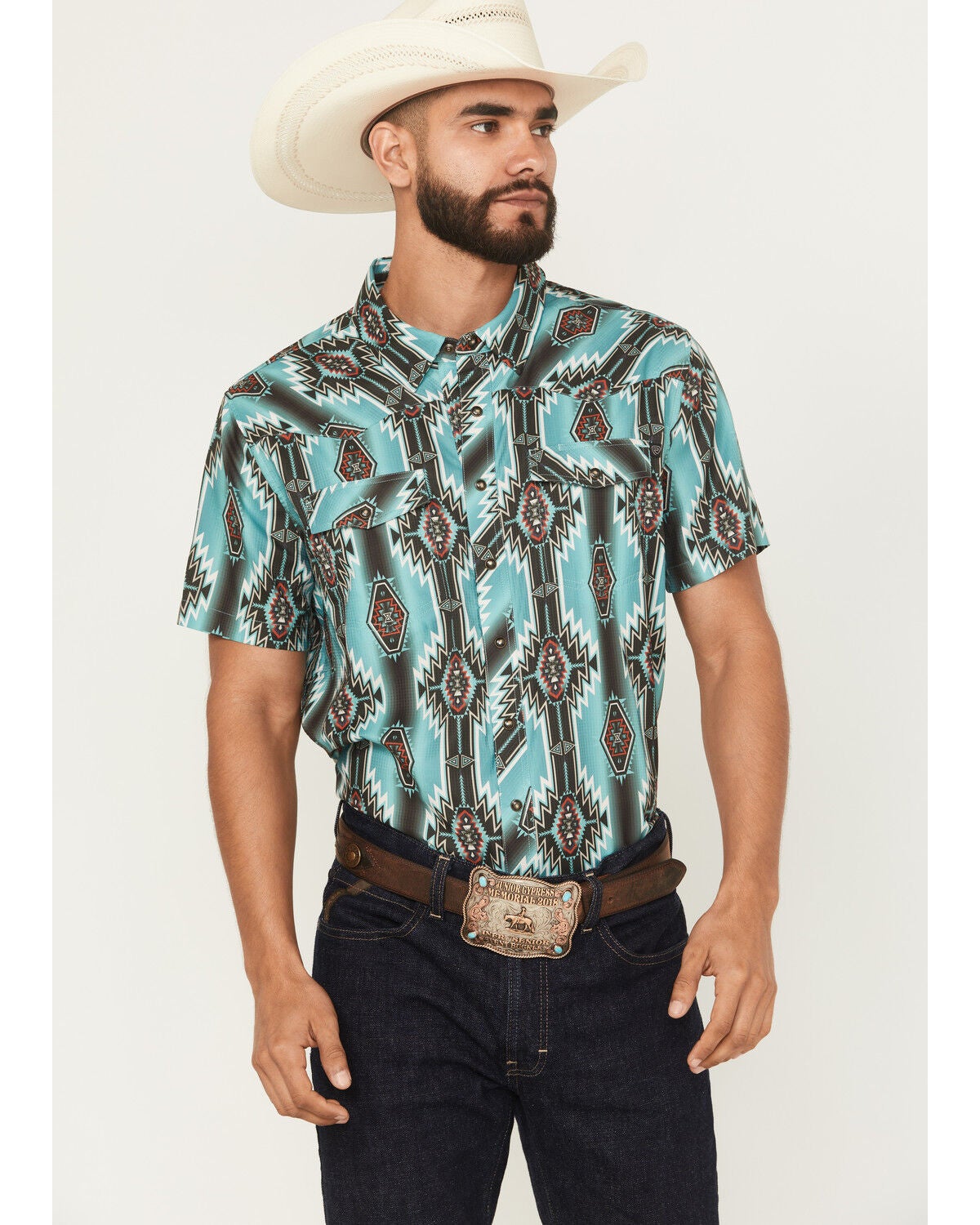Rock & Roll Denim Men's Boot Barn Exclusive Tek Southwestern Short Sleeve Snap Stretch Western Shirt, Turquoise, hi-res