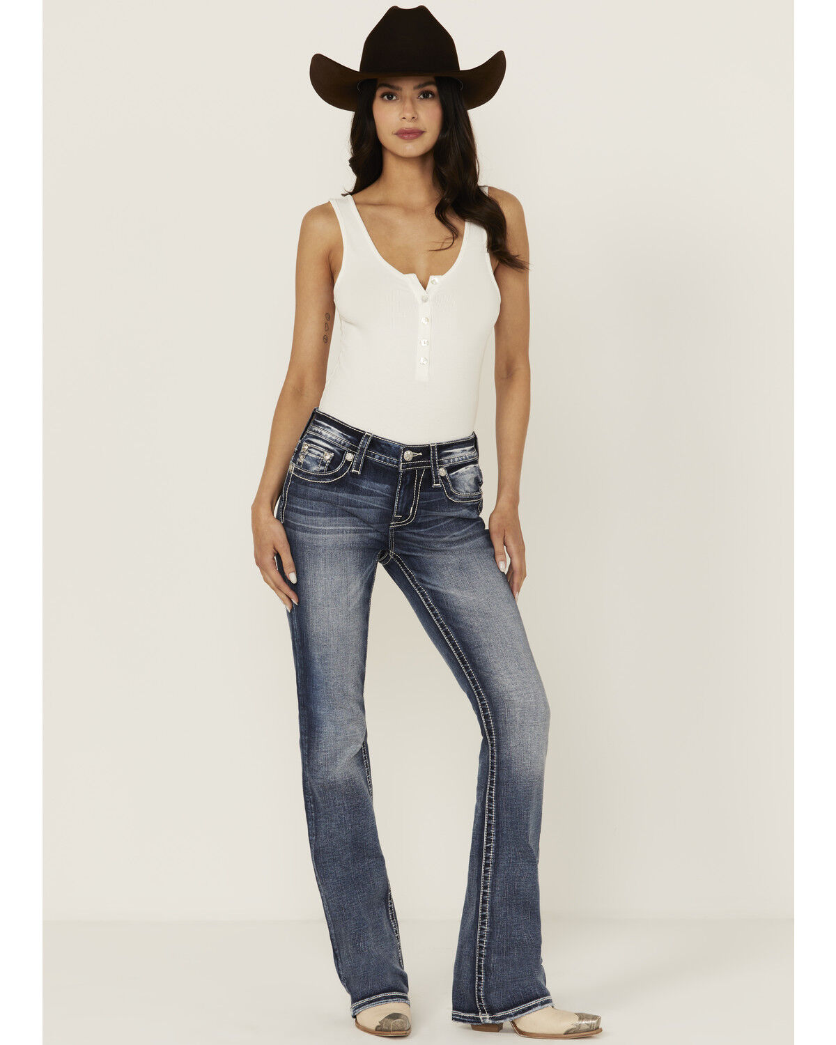 Image #3 - Miss Me Women's Dark Wash Mid Rise Flag Pocket Bootcut Stretch Denim Jeans, Dark Wash, hi-res