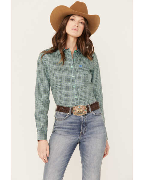 Cinch Women's Geo Print Long Sleeve Button Down Western Shirt, Green, hi-res
