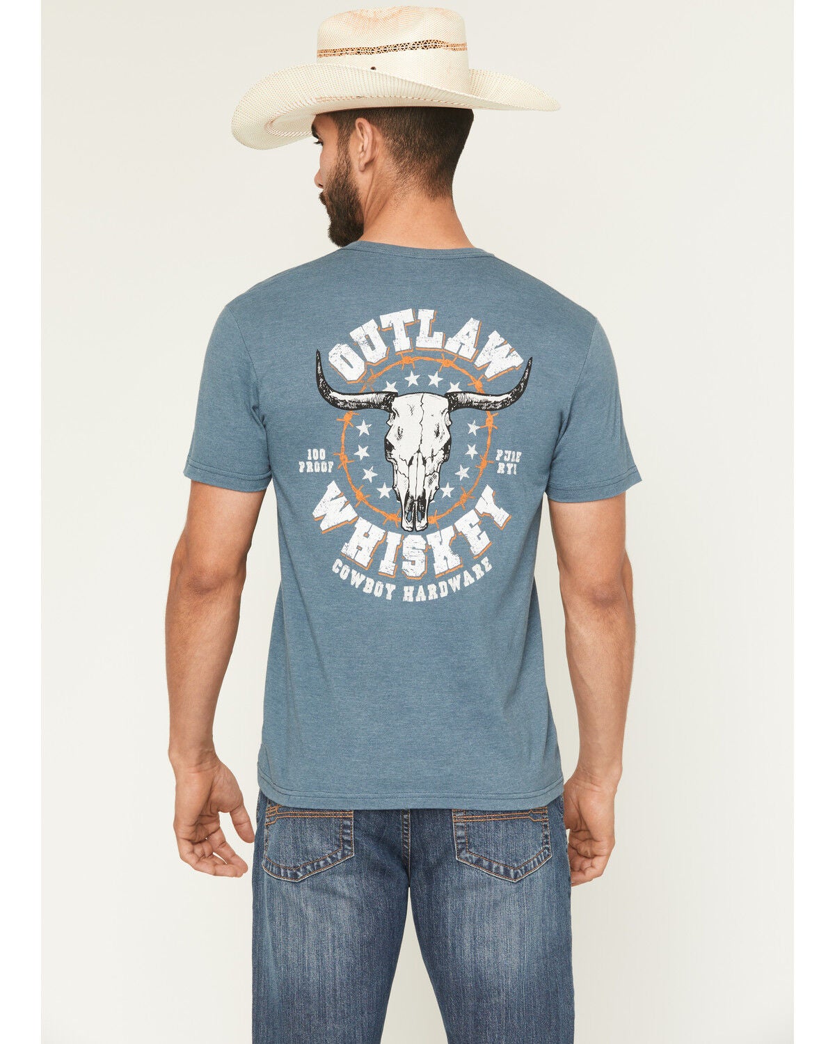 Image #1 - Cowboy Hardware Men's Outlaw Whiskey Short Sleeve Graphic T-Shirt, Blue, hi-res
