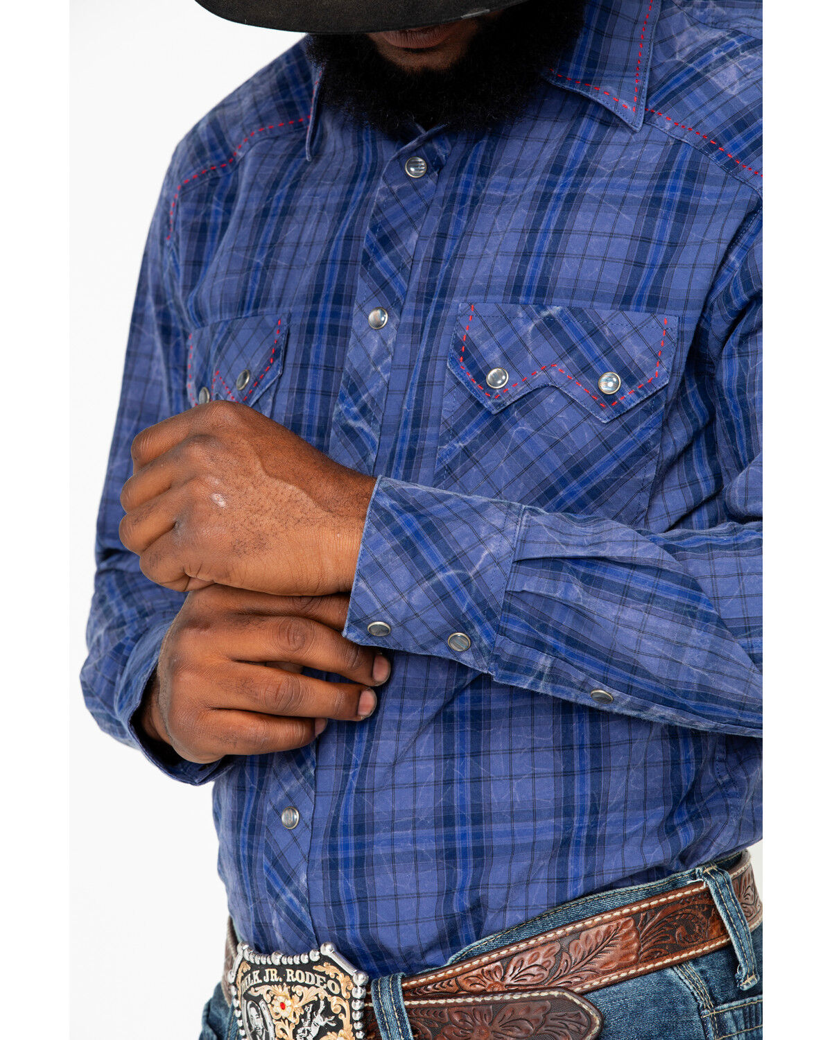 Image #4 - Rock & Roll Denim Men's Plaid Print Long Sleeve Western Shirt, Light Blue, hi-res