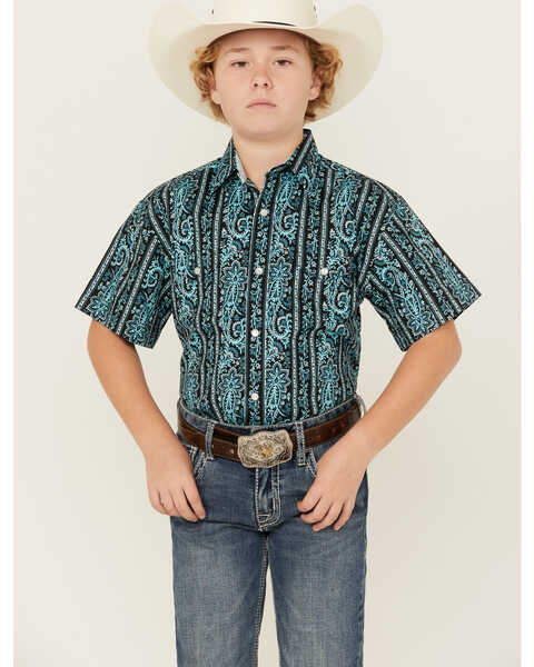 Image #1 - Panhandle Select Boys' Paisley Print Short Sleeve Pearl Snap Western Shirt, Dark Teal, hi-res