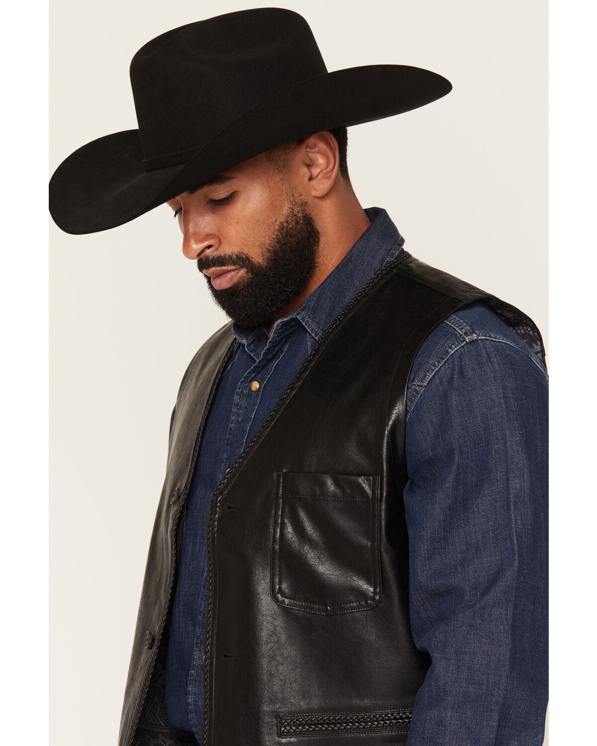 Image #2 - Cody James Men's Hogan Faux Leather Braided Trim Button-Down Vest, Black, hi-res