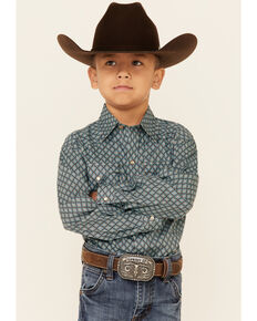 Roper Boys' Turquoise Southwestern Geo Print Long Sleeve Snap Western Shirt , Turquoise, hi-res