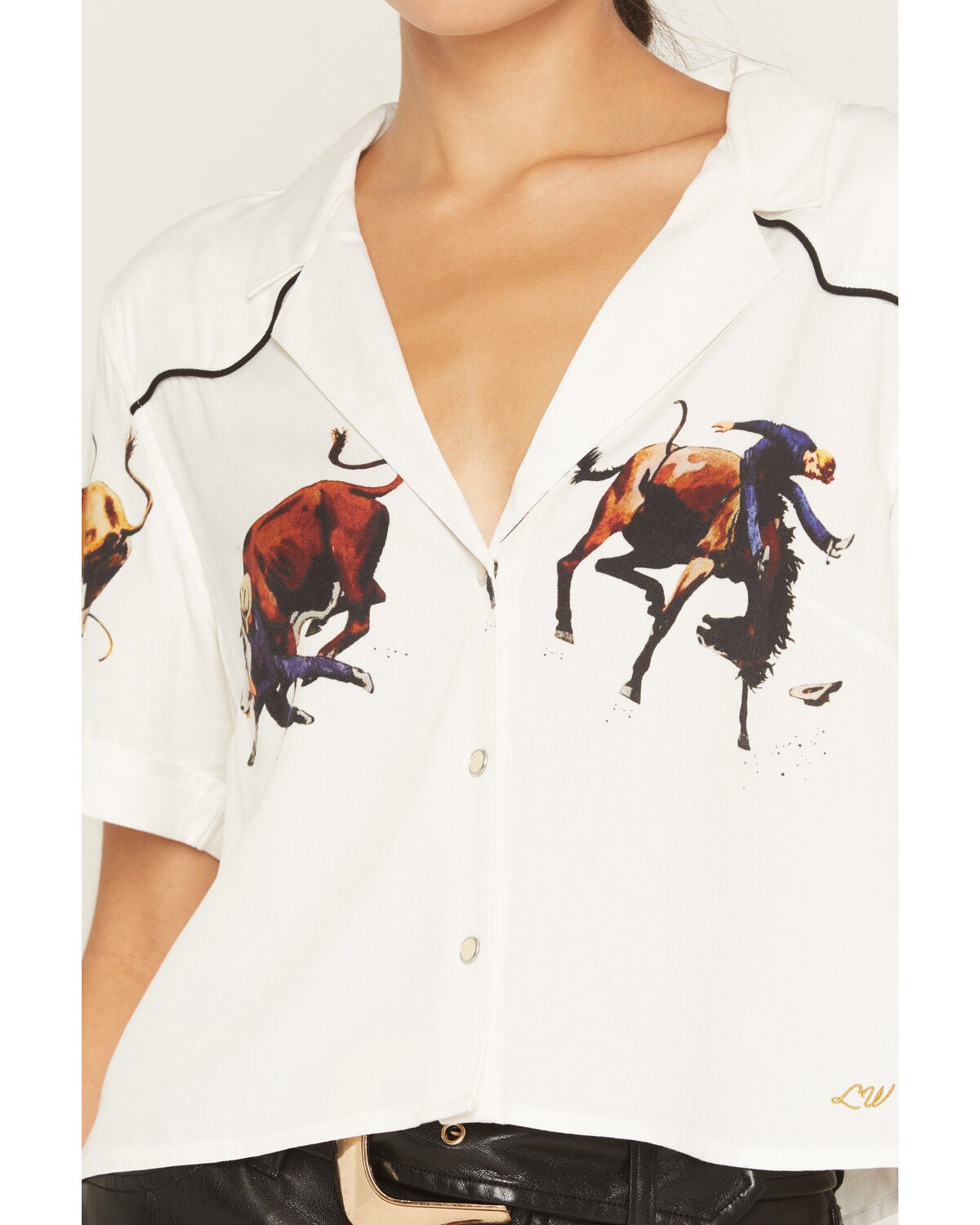 Image #3 - Wrangler X Lainey Wilson Women's Cowboy Short Sleeve Snap Camp Shirt, White, hi-res