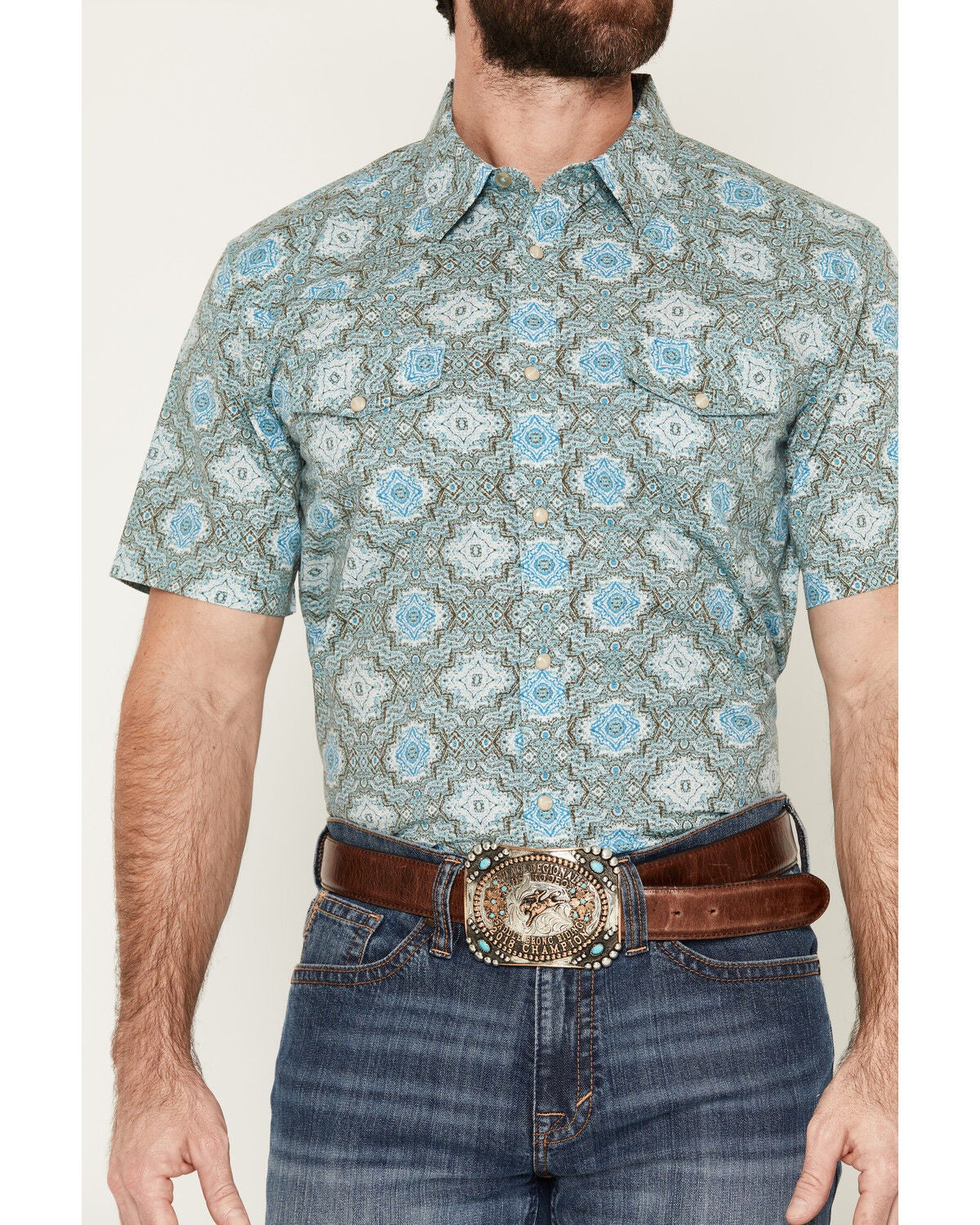 Image #3 - Gibson Trading Co Men's Desert Tapestry Medallion Print Short Sleeve Snap Western Shirt, Blue, hi-res