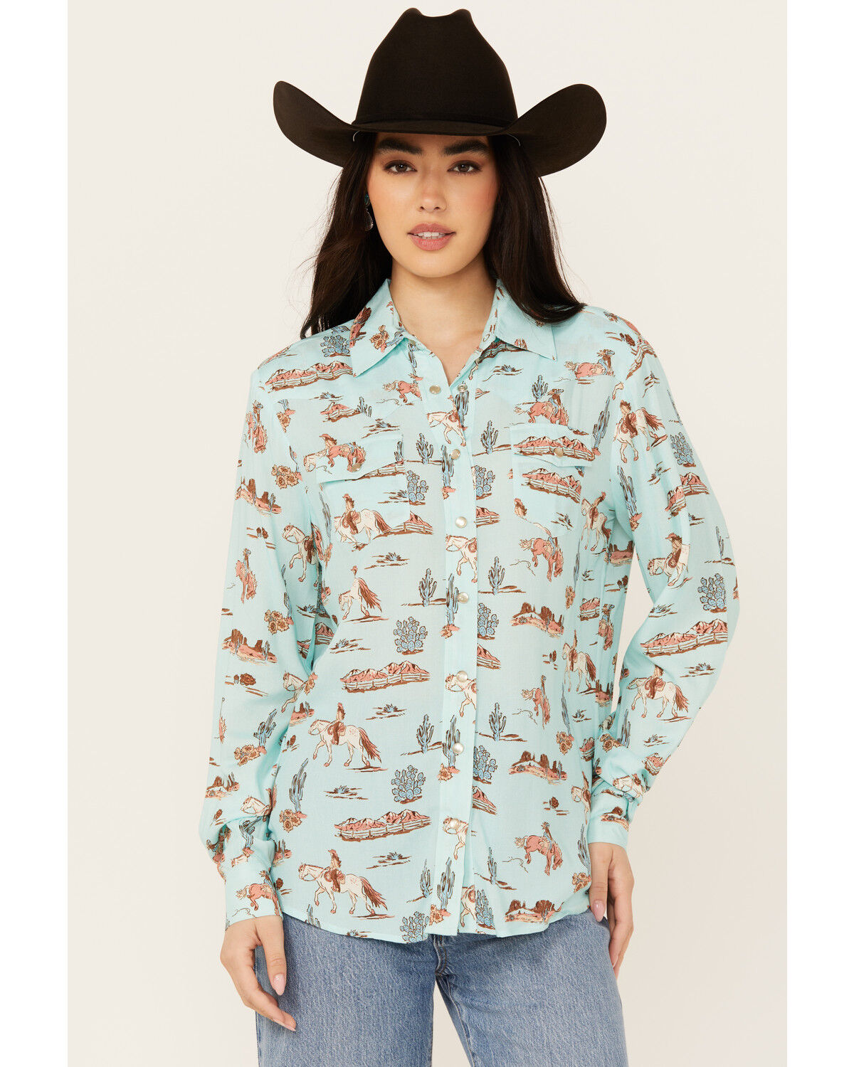 Image #1 - Roper Women's Desert Printed Long Sleeve Pearl Snap Western Shirt, Teal, hi-res