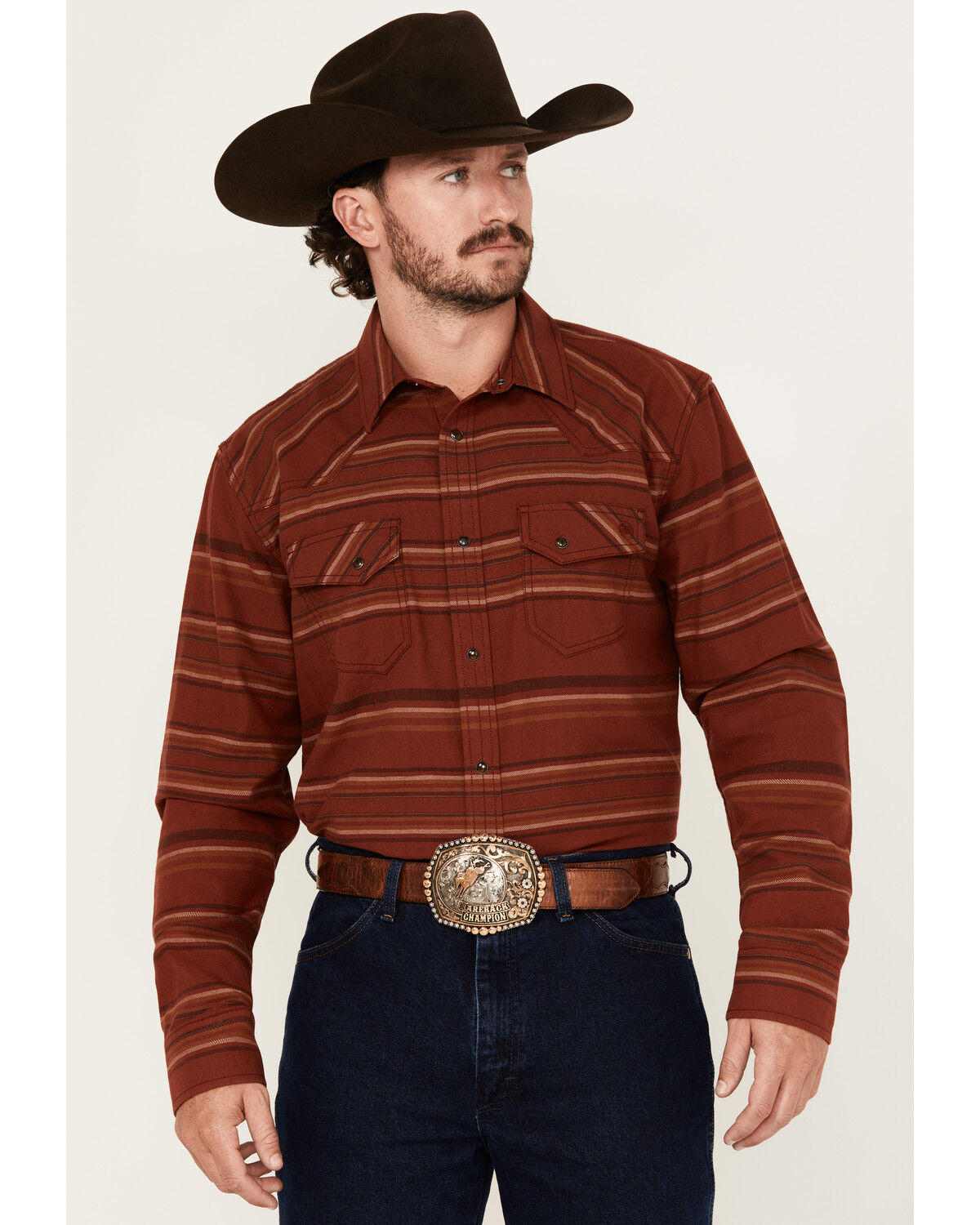 Image #1 - Blue Ranchwear Men's Range Striped Long Sleeve Snap Western Shirt, Red, hi-res