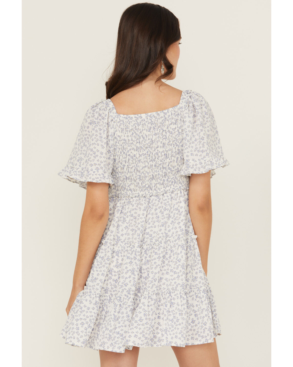 Image #4 - Yura Women's Floral Print Short Sleeve Tiered Mini Dress, Blue, hi-res