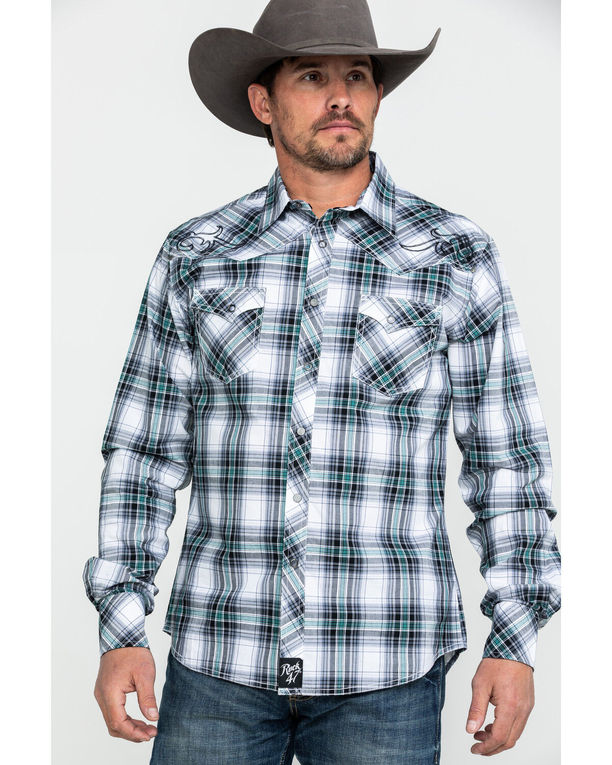 Image #5 - Rock 47 By Wrangler Men's Black Embroidered Plaid Long Sleeve Western Shirt  , , hi-res