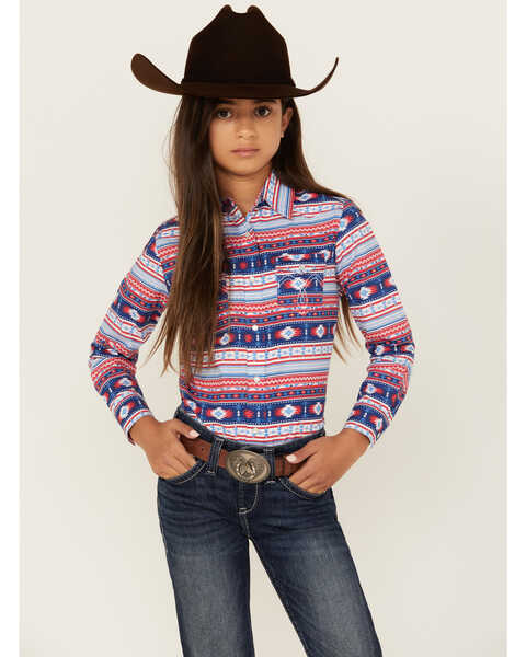 Image #1 - Panhandle Girls' Southwestern Striped Long Sleeve Pearl Snap Western Shirt, Multi, hi-res