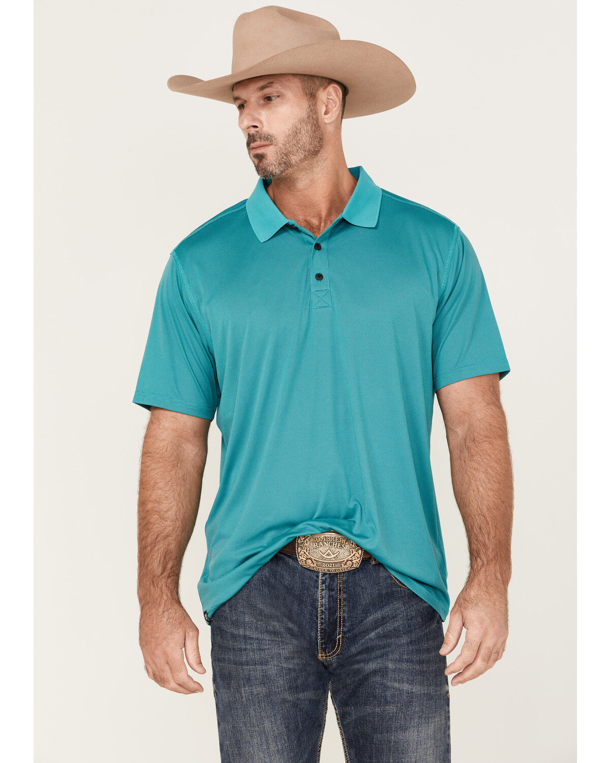 Image #1 - RANK 45® Men's Spinner Solid Short Sleeve Polo Shirt, Teal, hi-res