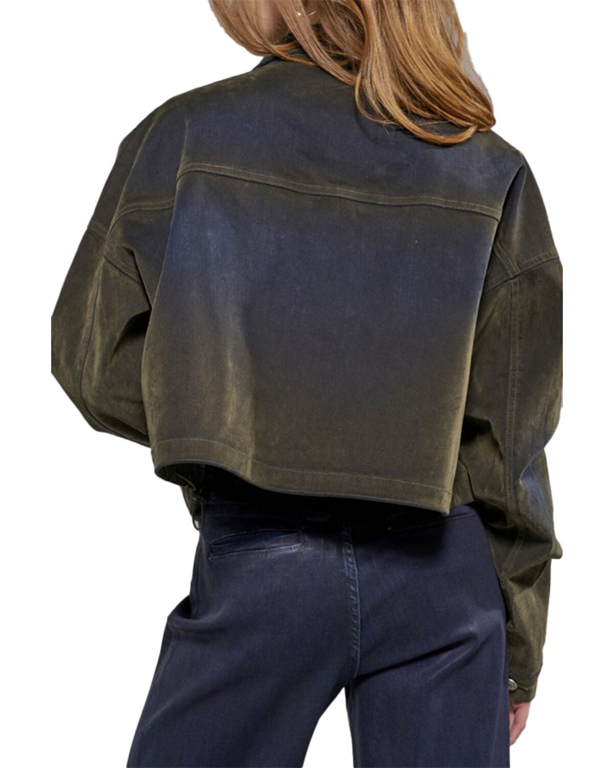Image #2 - Azalea Wang Women's Velvet Button-Down Cropped Denim Jacket, Olive, hi-res