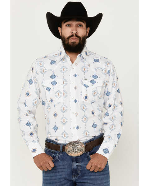 Image #1 - Ely Walker Men's Southwestern Print Long Sleeve Pearl Snap Western Shirt, White, hi-res