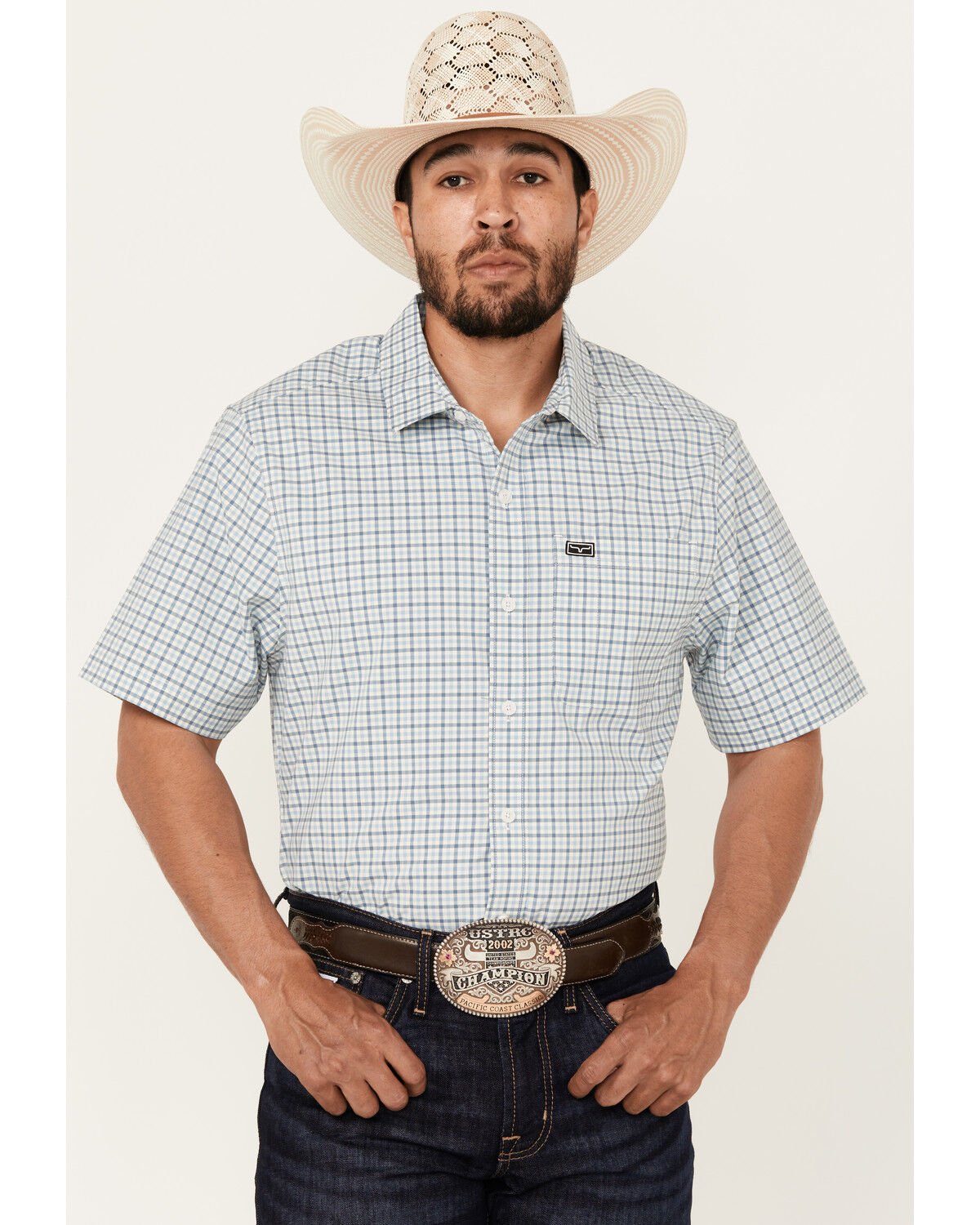 Image #1 - Kimes Ranch Men's Tucco Plaid Print Shirt Sleeve Button-Down Performance Western Shirt, Blue, hi-res