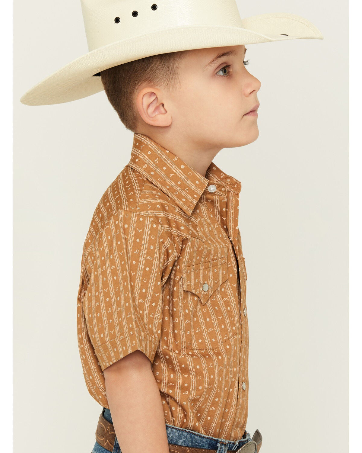 Image #2 - Ely Walker Boys' Western Print Short Sleeve Pearl Snap Western Shirt, Brown, hi-res