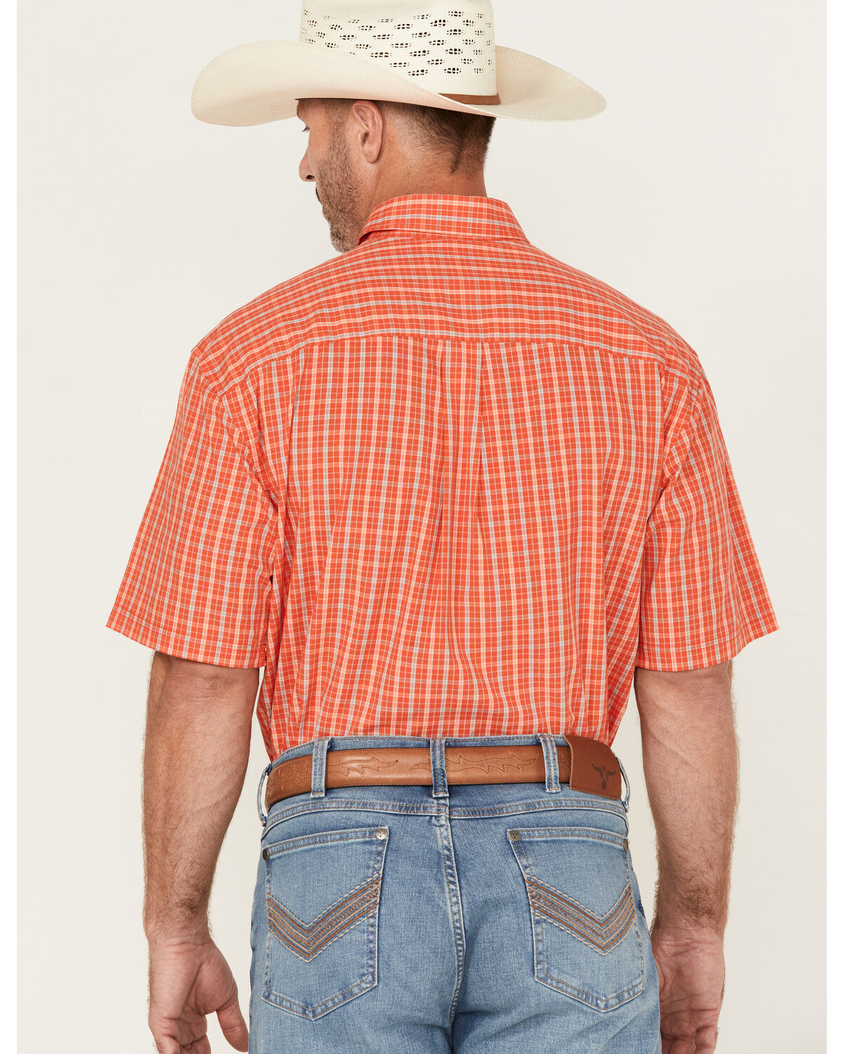 Image #4 - George Strait by Wrangler Men's Plaid Print Short Sleeve Button-Down Stretch Western Shirt, Red, hi-res
