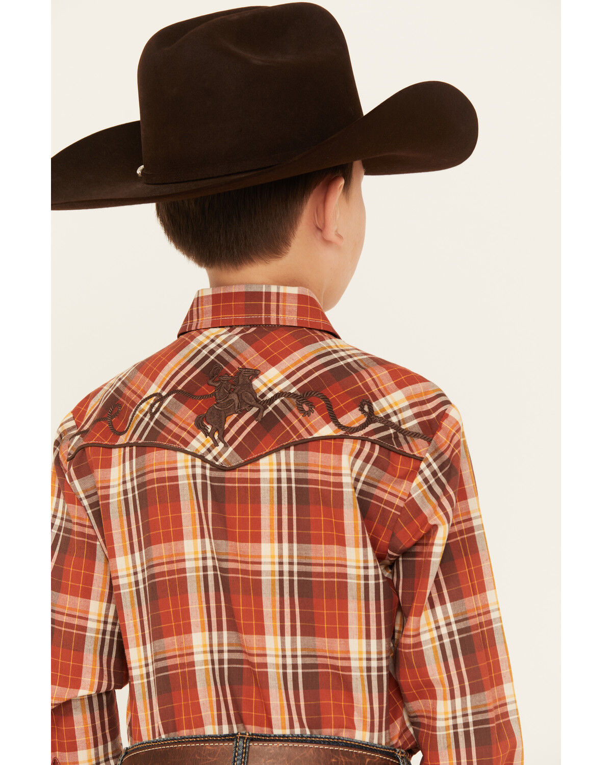 Image #4 - Roper Boys' Plaid Print Cowboy Embroidery Long Sleeve Pearl Snap Western Shirt, Rust Copper, hi-res