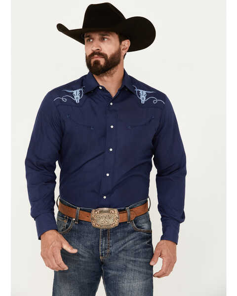 Roper Men's Embroidered Long Sleeve Western Snap Shirt, Navy, hi-res