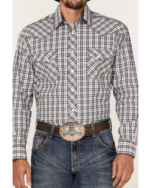Image #3 - Rough Stock By Panhandle Men's Dobby Small Plaid Print Long Sleeve Pearl Snap Western Shirt , White, hi-res