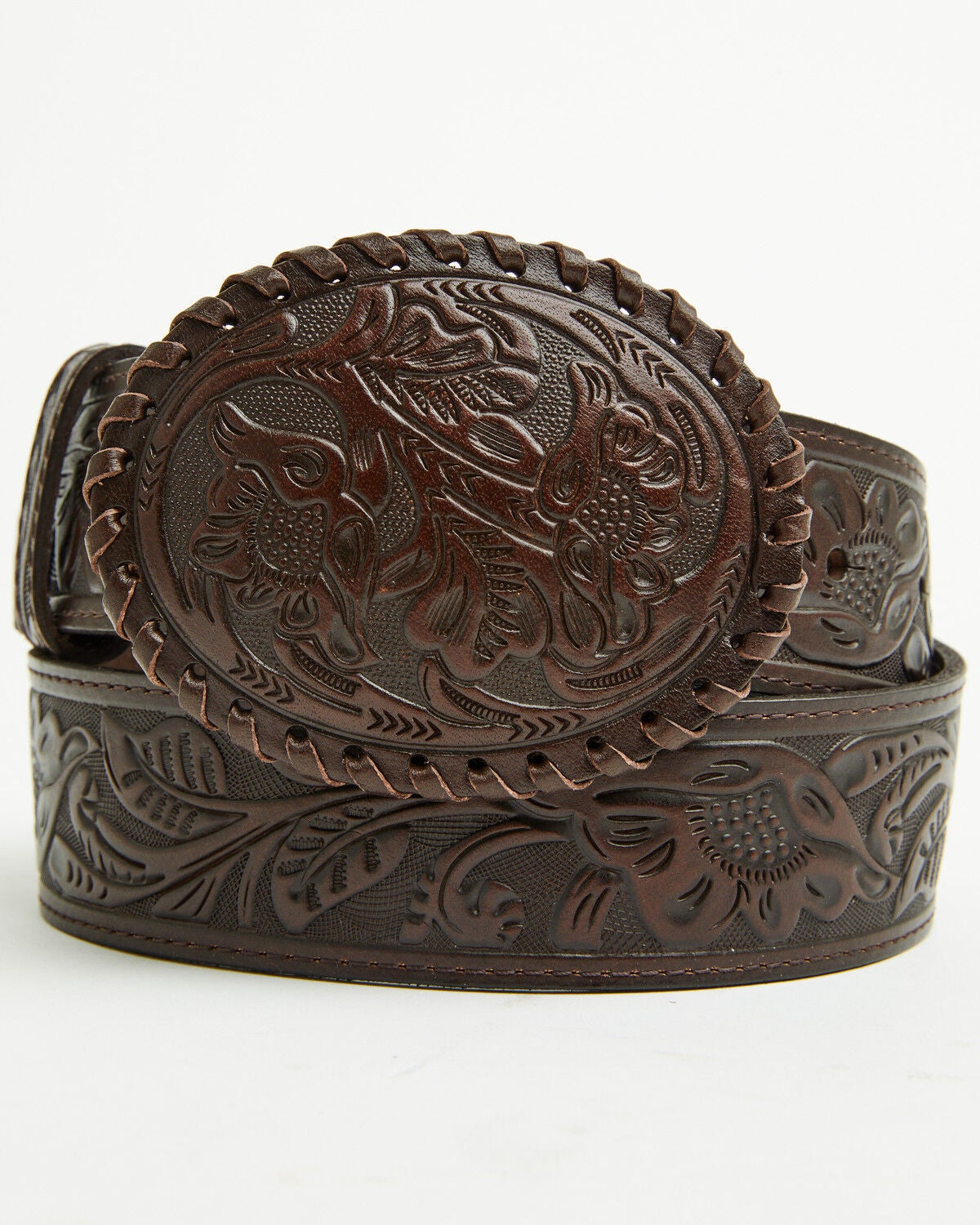 Image #2 - Shyanne Women's Ellery Tooled Leather Buckle Belt, Brown, hi-res