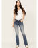 Miss Me Women's Dark Wash Mid Rise Americana Border Stretch Bootcut Jeans, Dark Blue, hi-res