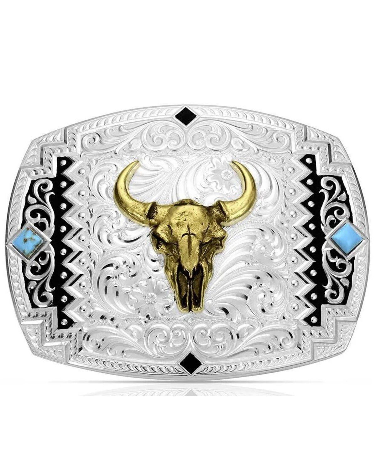 Montana Silversmiths Men's Southwest Scroll Buckle with Buffalo Skull, Silver, hi-res