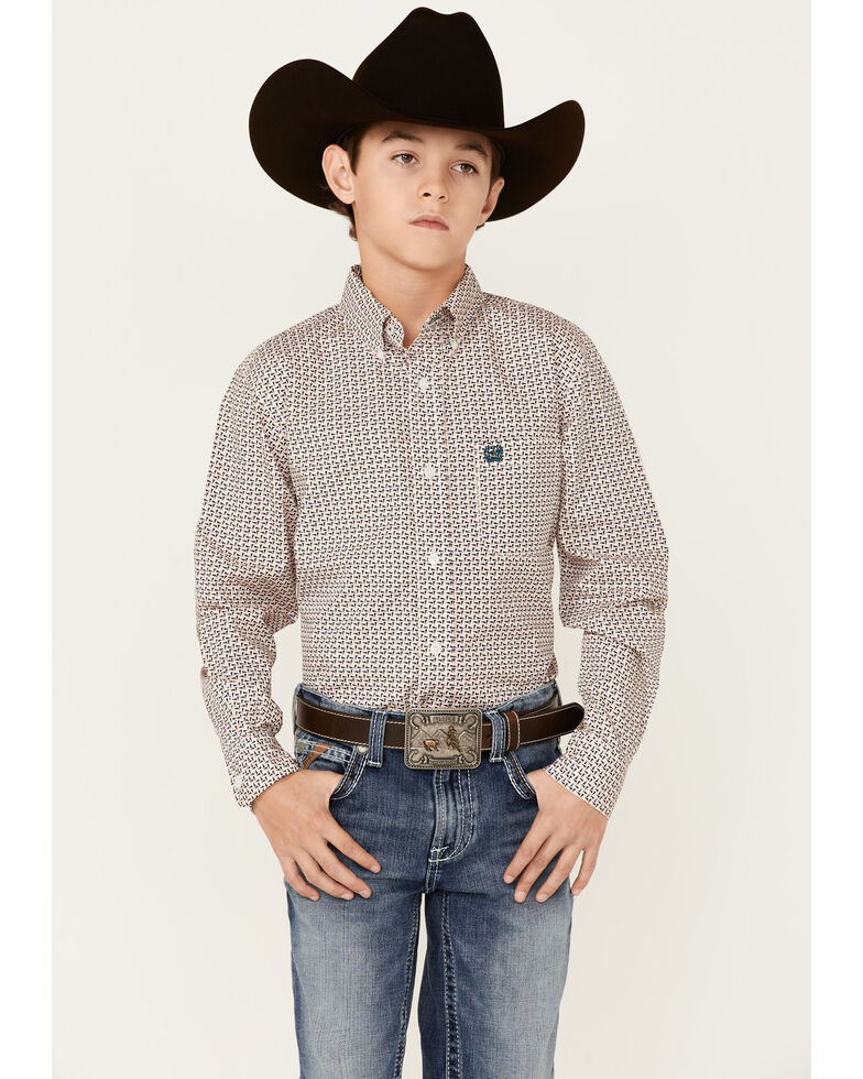 Cinch Boys' Geo Print Long Sleeve Button-Down Western Shirt, Pink, hi-res