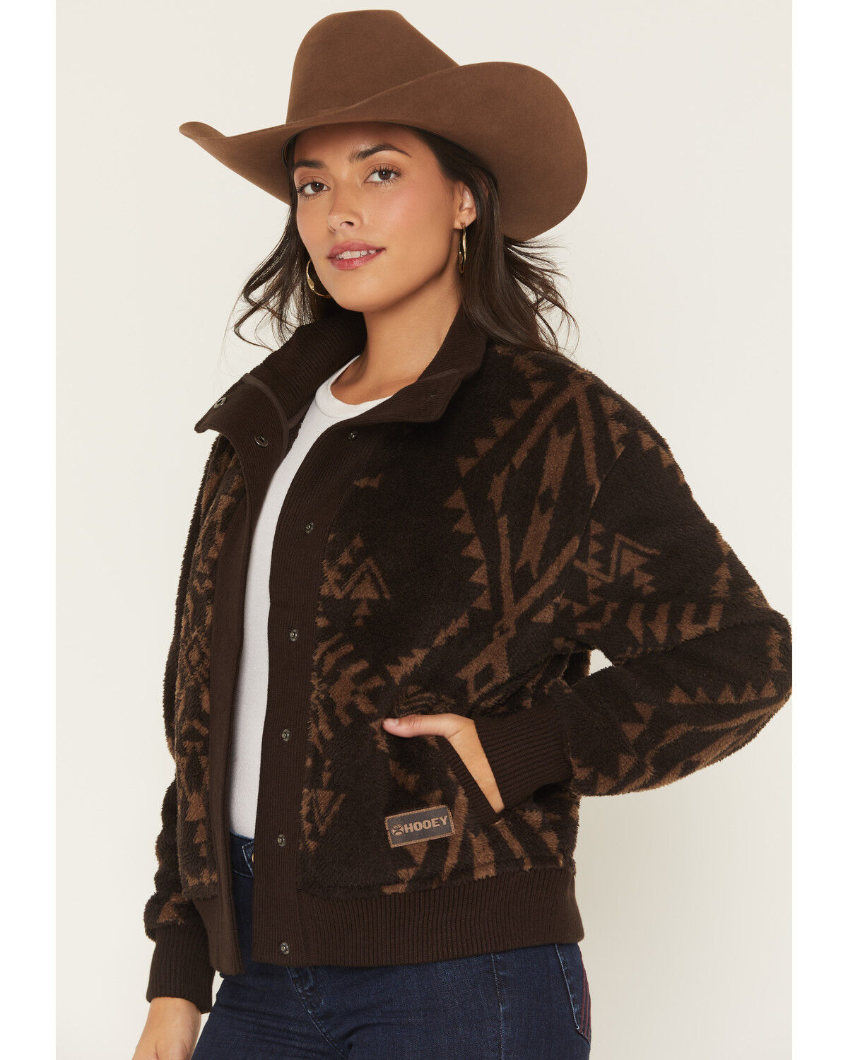 Image #2 - Hooey Women's Southwestern Print Sherpa Lined Snap Sweater, Brown, hi-res