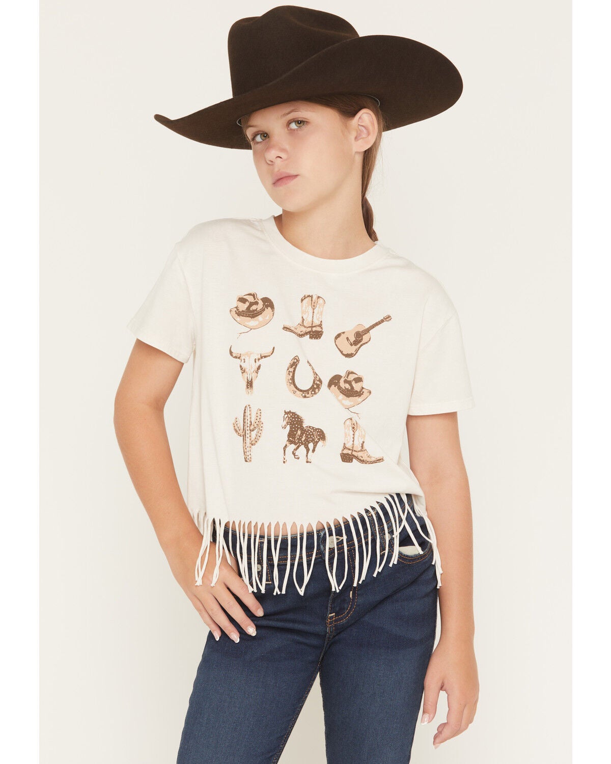 Image #1 - Buttercup Girls' Cowgirl Icons Fringe Short Sleeve Graphic Tee, Off White, hi-res