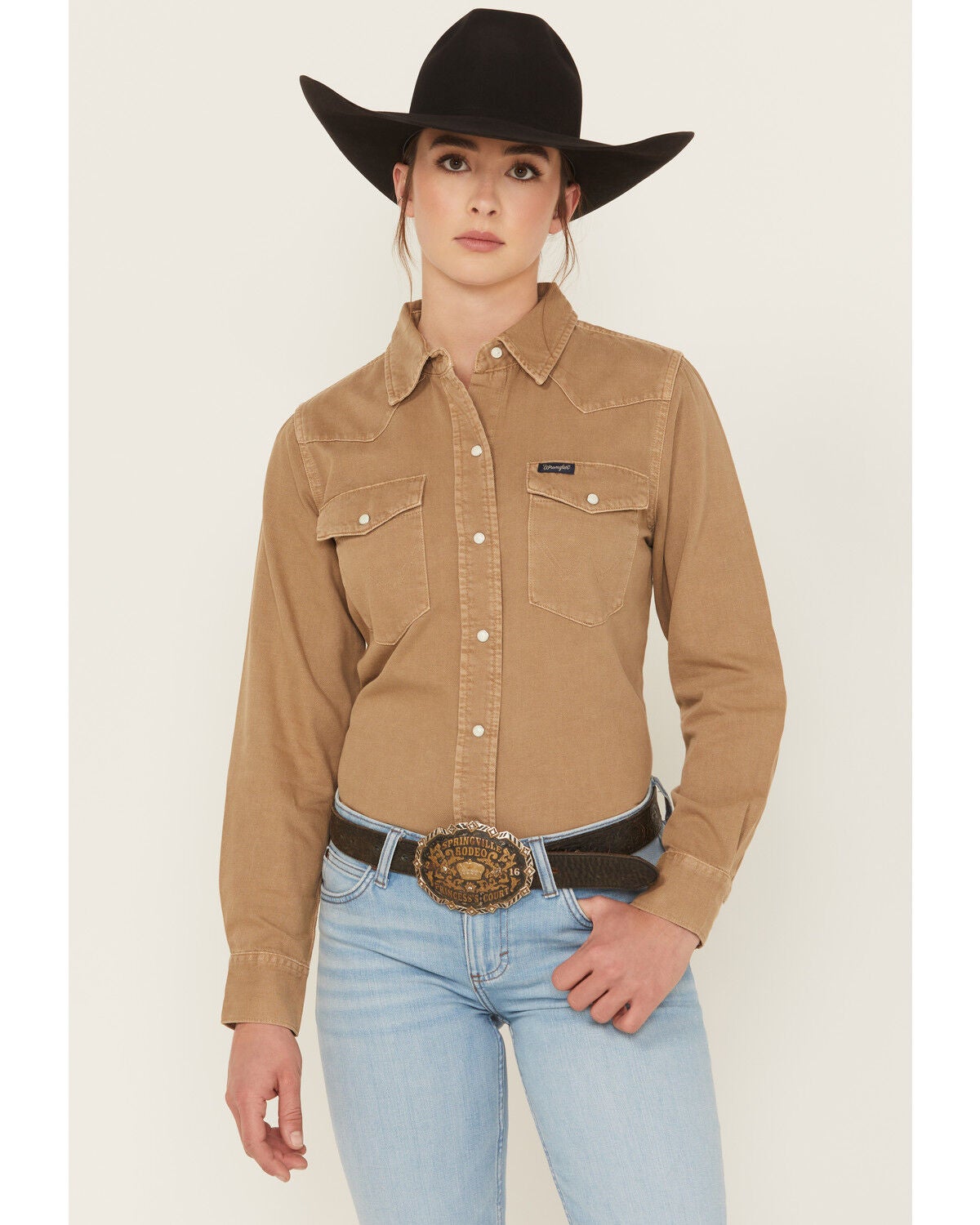 Wrangler Retro Women's Vintage Denim Long Sleeve Snap Western Shirt, Tan, hi-res