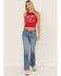 Image #1 - Daze Women's Text Me Medium Wash Mid Rise Flare Stretch Denim Jeans, Medium Wash, hi-res